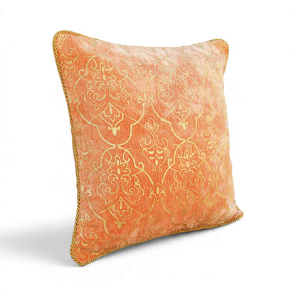 Regalia Peach Stonewashed Velvet Cushion Cover with Gold Damask Print