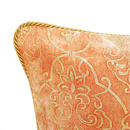 Regalia Peach Stonewashed Velvet Cushion Cover with Gold Damask Print