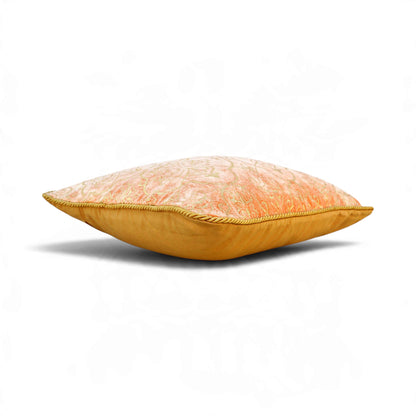 Regalia Peach Stonewashed Velvet Cushion Cover with Gold Damask Print