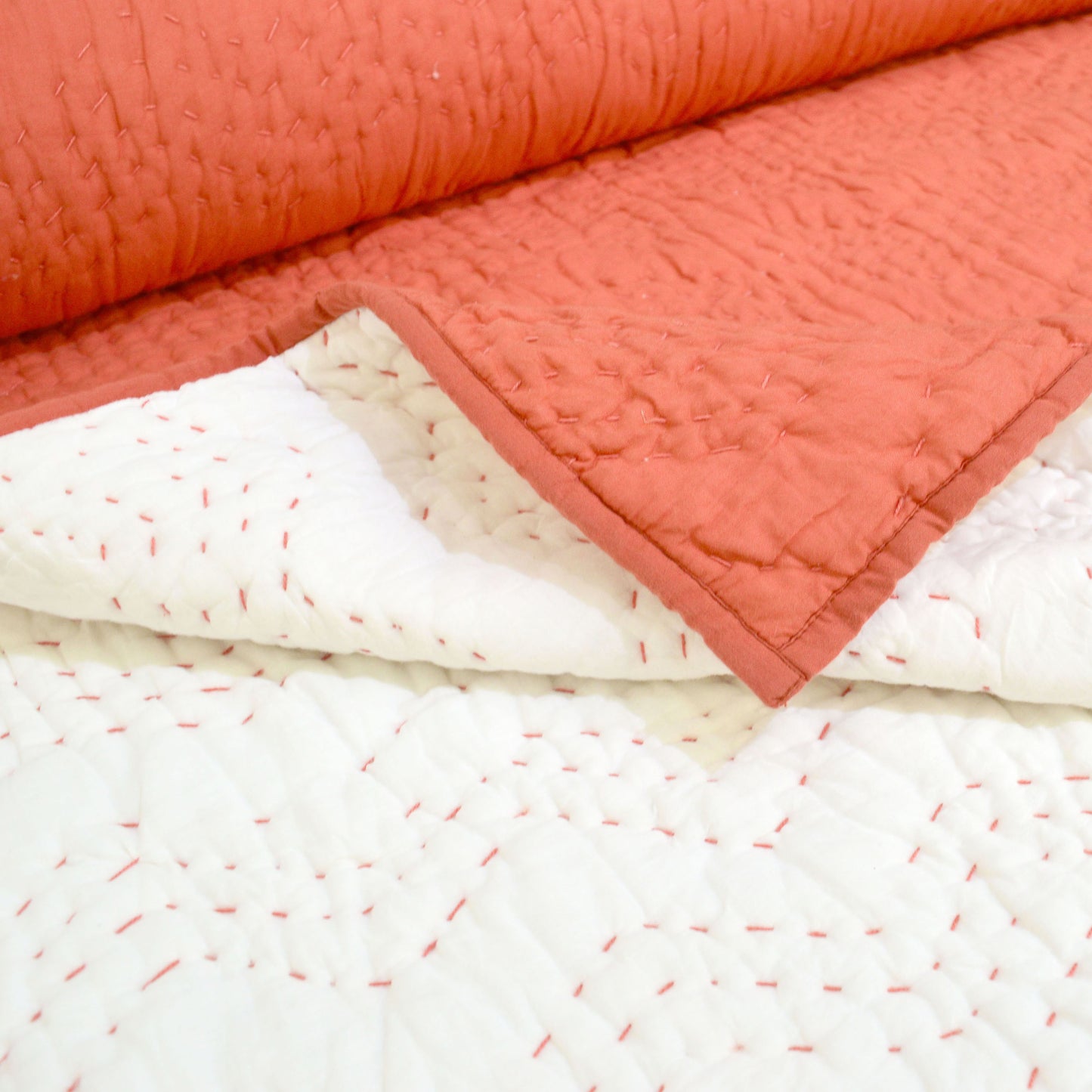 RUST Kantha quilt - chevron pattern quilting - Quilt set / Quilt / Pillow case available