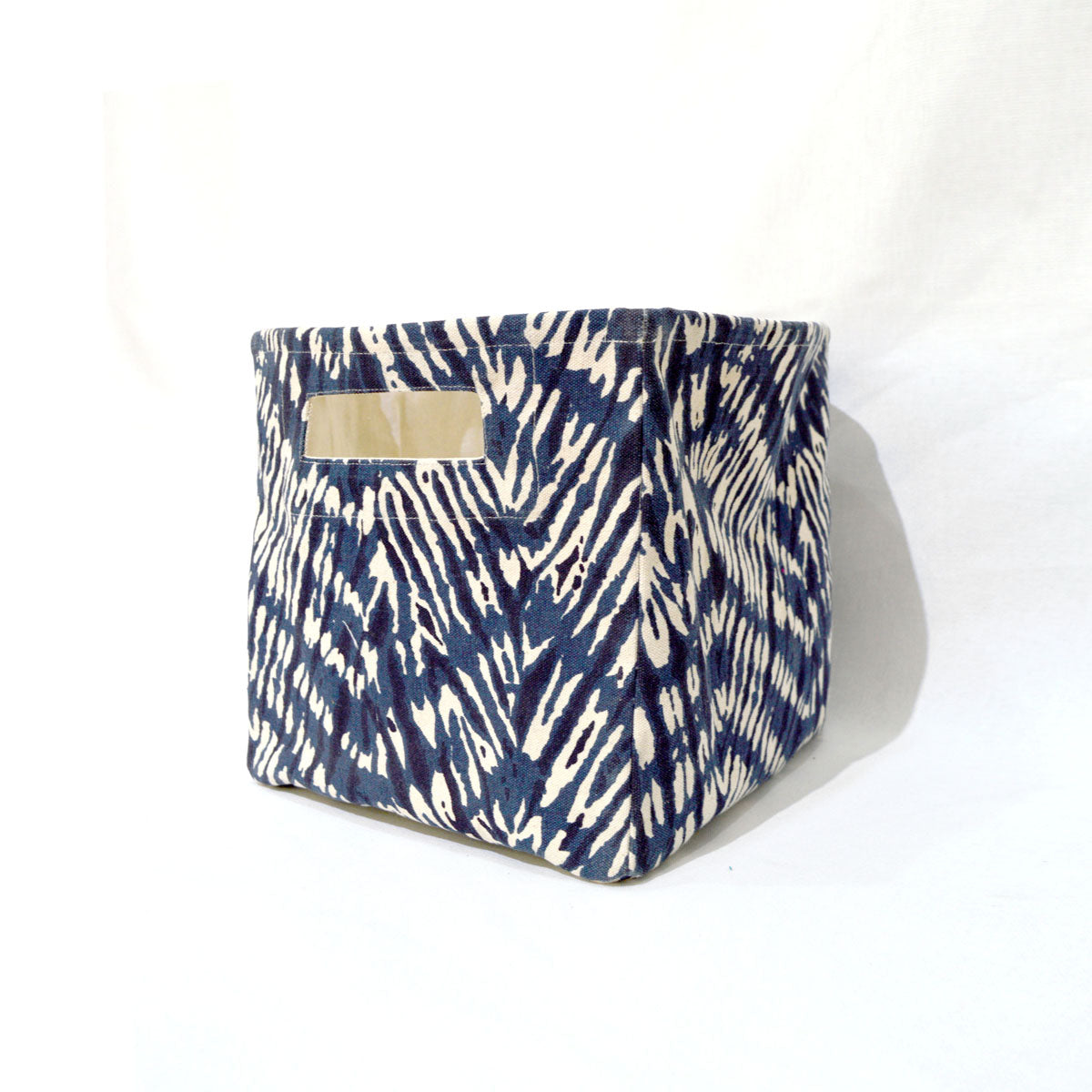 Square Canvas basket, Shibori print, chevron pattern, blue and off white, storage basket, fabric bin, sizes available