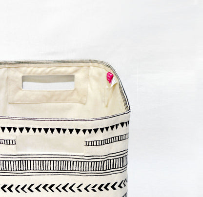 Square Storage basket, aztec print, black and white, canvas fabric, laundry hamper, sizes available