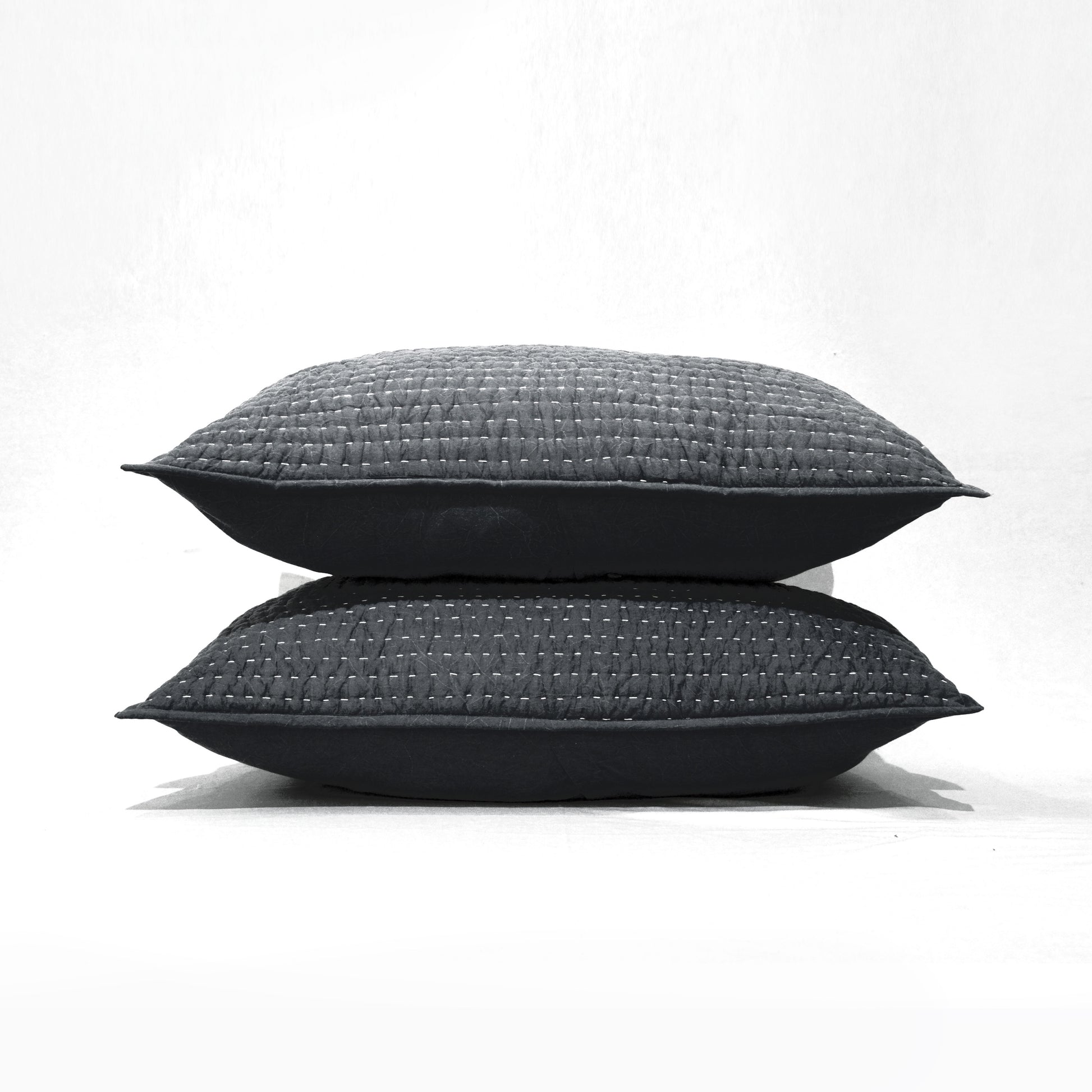 Charcoal Grey Stonewashed Kantha Quilt Bed Set | 100% Cotton | Handmade - Vliving