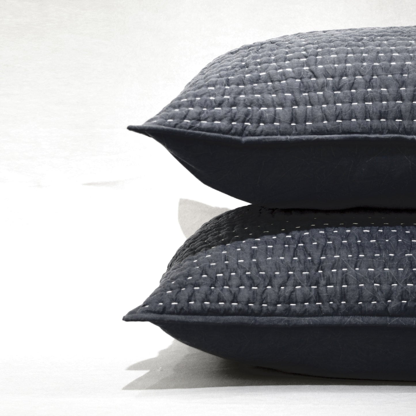 Charcoal grey colour stonewashed kantha quilted pillow shams - 100% cotton, Sizes available