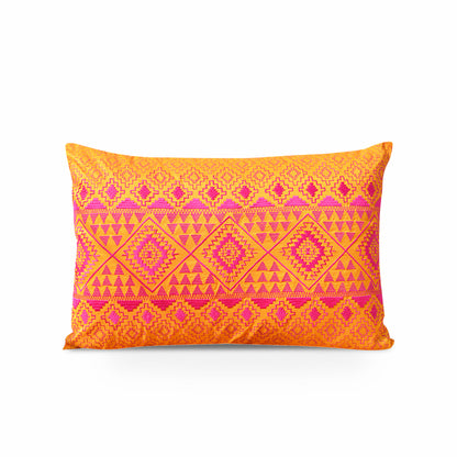 Kilim pattern embroidered pillow, Orange and pink, Poly taffeta cushion cover