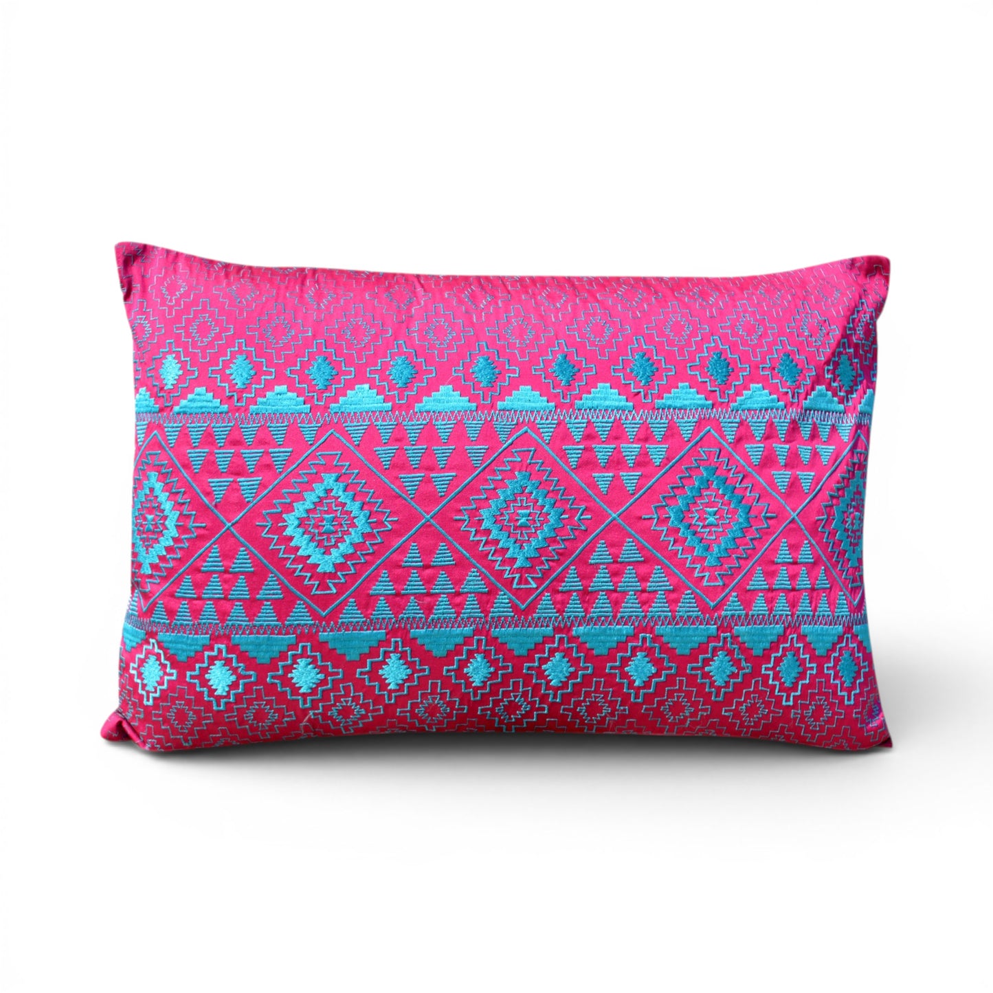 Kilim Pattern Embroidered Cushion Cover – Hot Pink & Turquoise