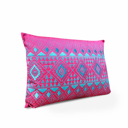 Kilim pattern embroidered pillow, hot pink and turquoise, Poly taffeta pillow cover
