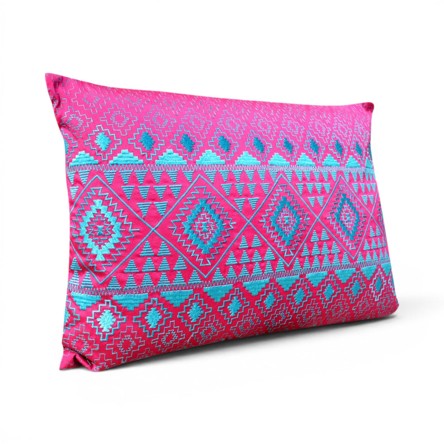 Kilim Pattern Embroidered Cushion Cover – Hot Pink & Turquoise