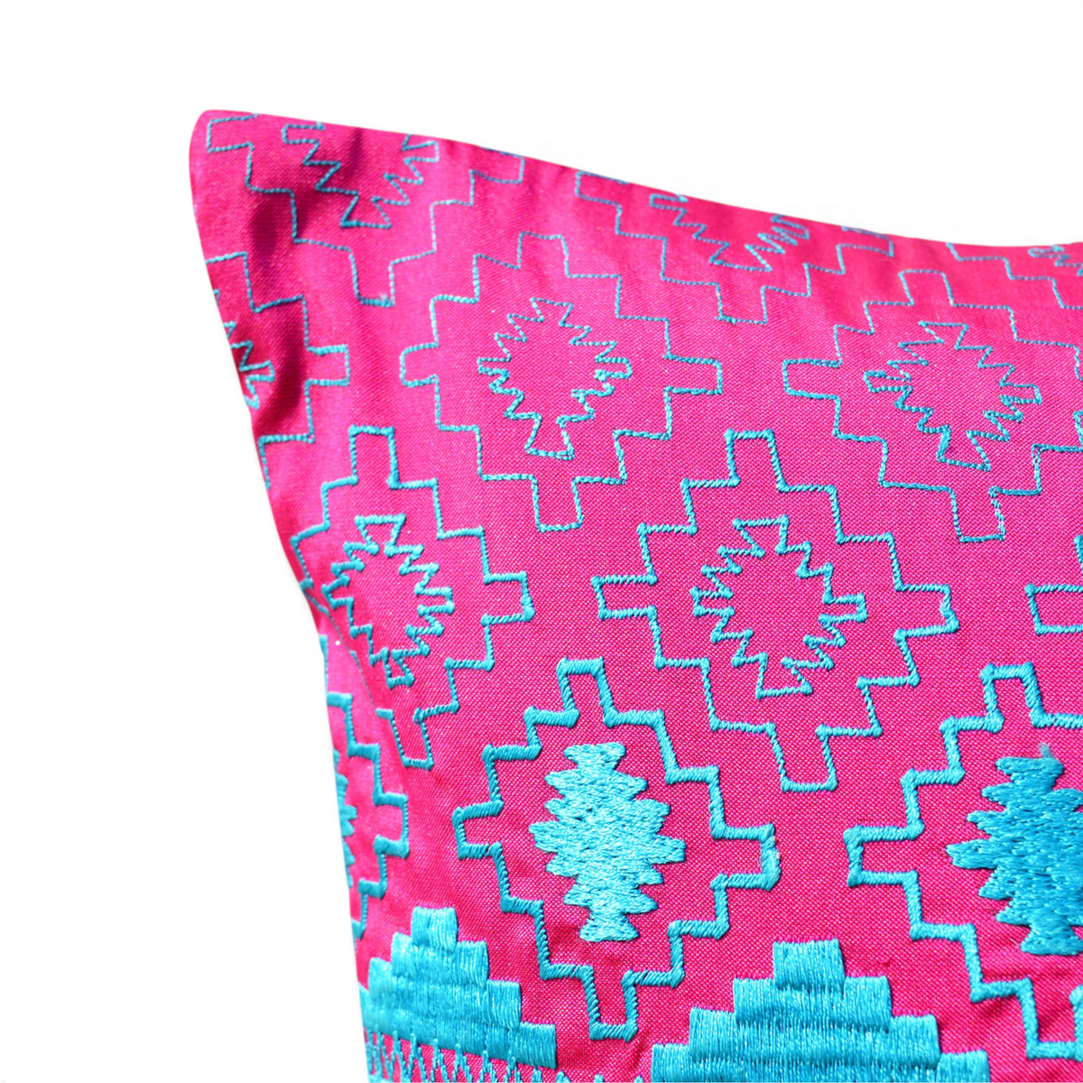 Kilim Pattern Embroidered Cushion Cover – Hot Pink & Turquoise