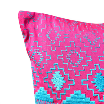 Kilim Pattern Embroidered Cushion Cover – Hot Pink & Turquoise