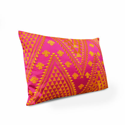 KIlim pattern embroidered pillow, hot pink and orange, Poly taffeta pillow cover