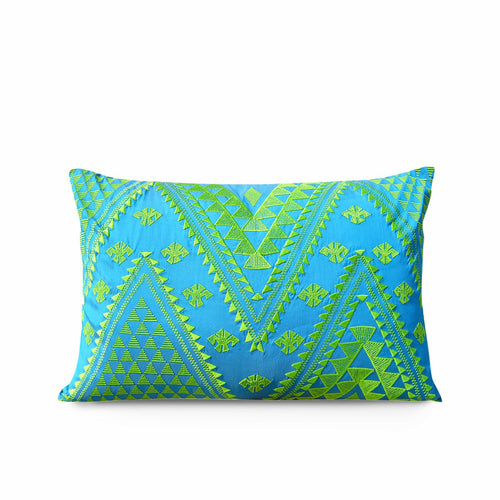 Kilim - Turquoise embroidered pillow cover, Poly taffeta cushion cover