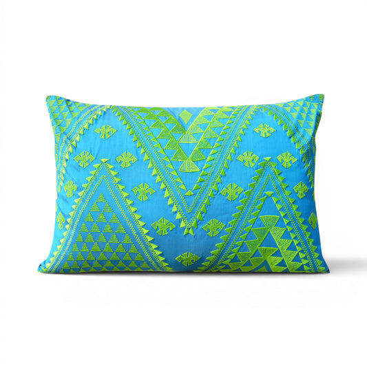 Kilim Pattern Embroidered Cushion Cover – Turquoise & Lime Green