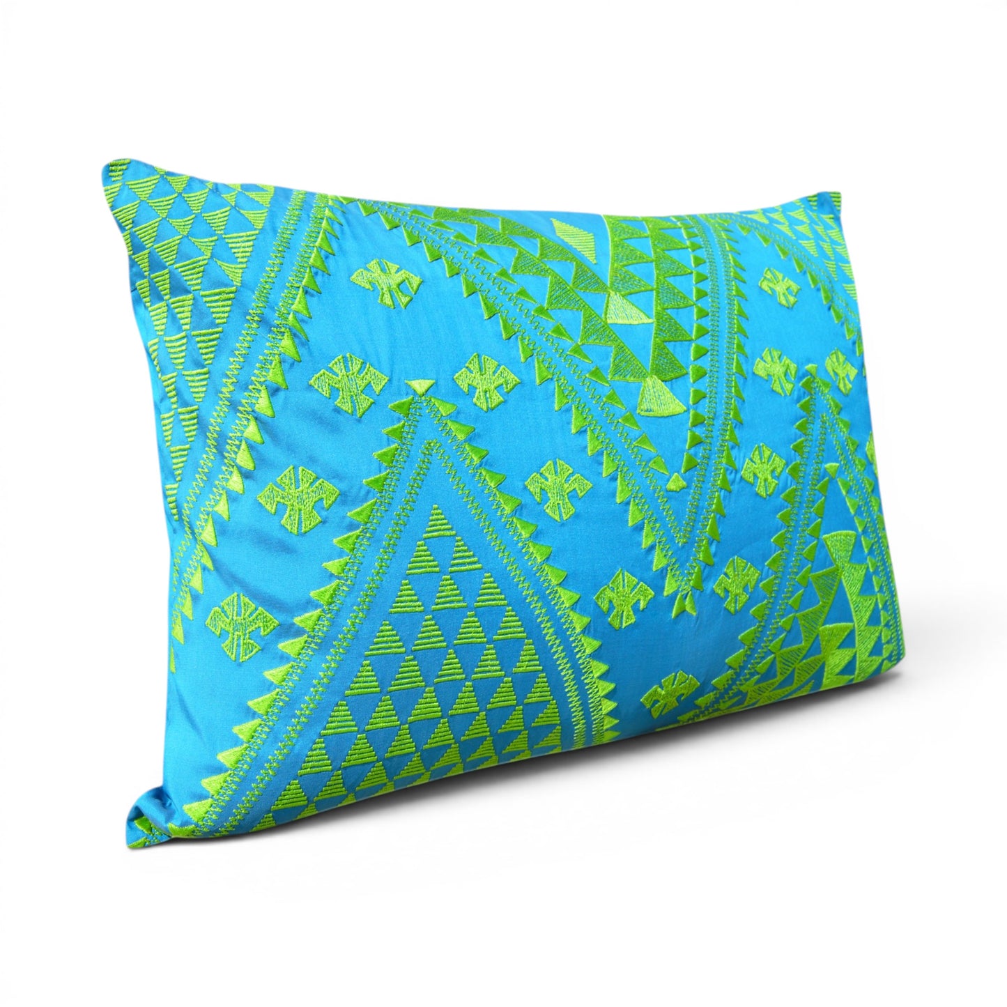 Kilim Pattern Embroidered Cushion Cover – Turquoise & Lime Green