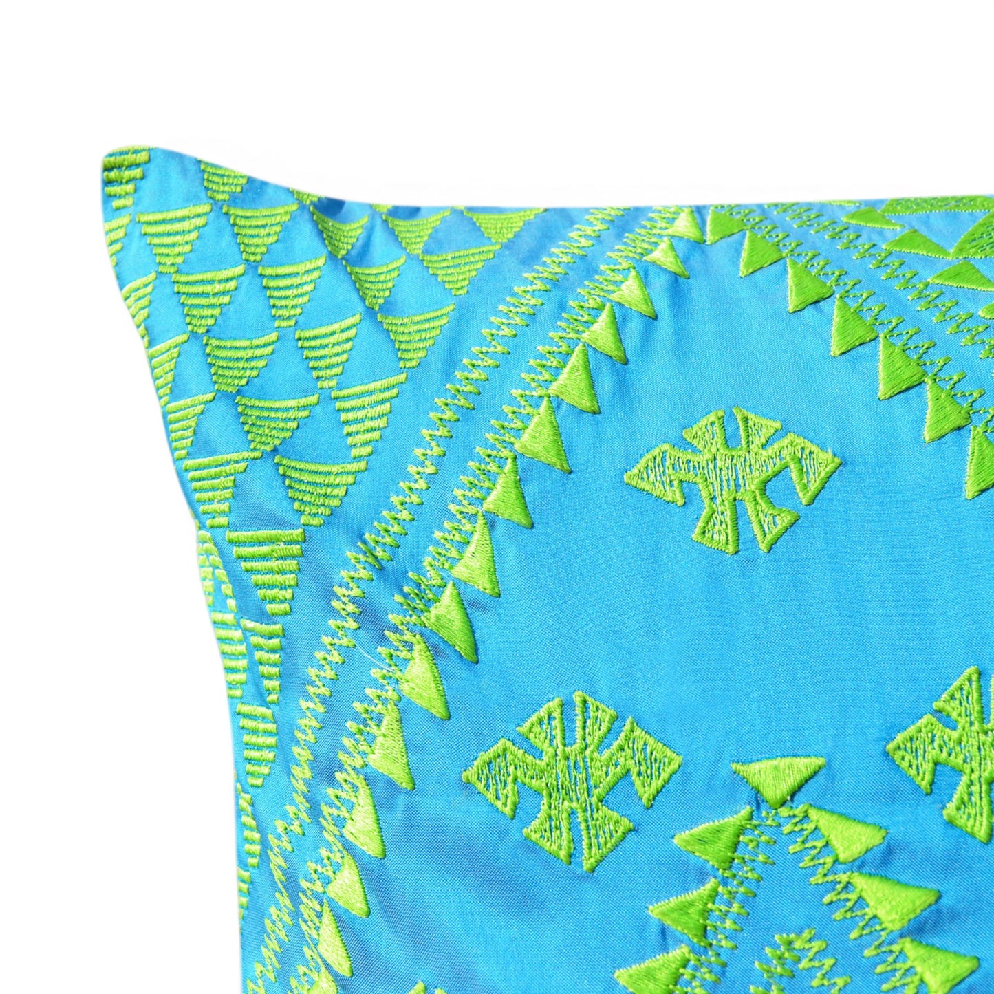 Kilim Pattern Embroidered Cushion Cover – Turquoise & Lime Green