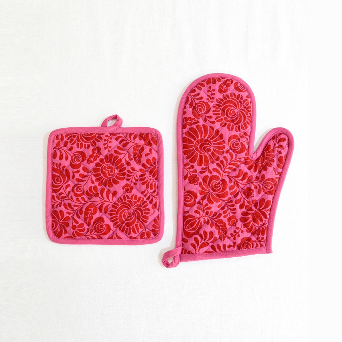 MATYO hot pink floral print Pot holder and Glove, kitchen accessory, 100% cotton, view options