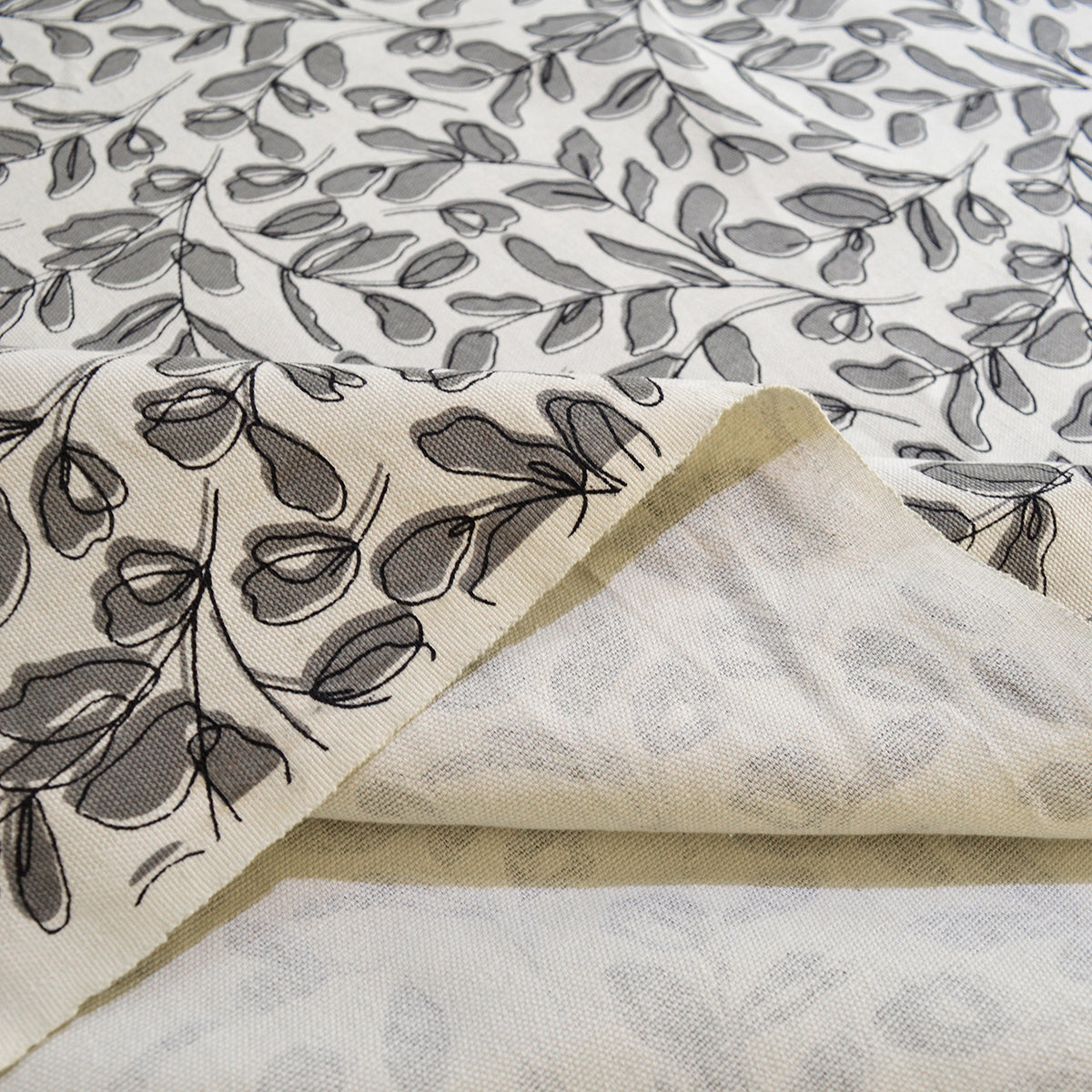 Grey Leaf print fabric, 100% cotton duck, fabric by the metre
