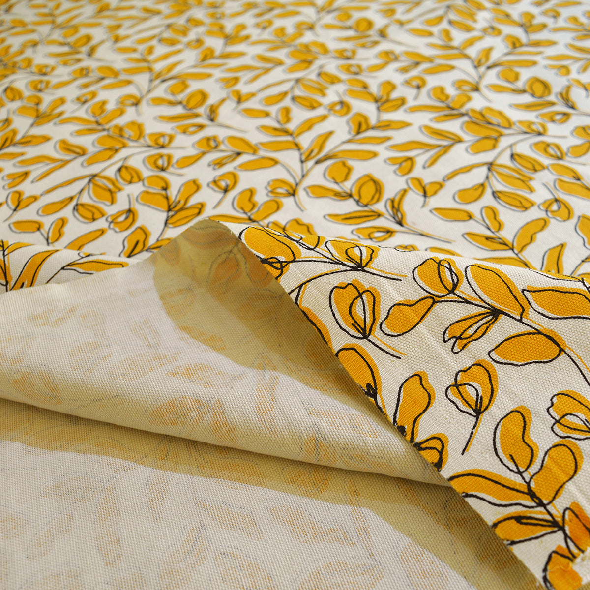 Mustard Yellow Leaf print fabric, 100% cotton duck, fabric by the metre