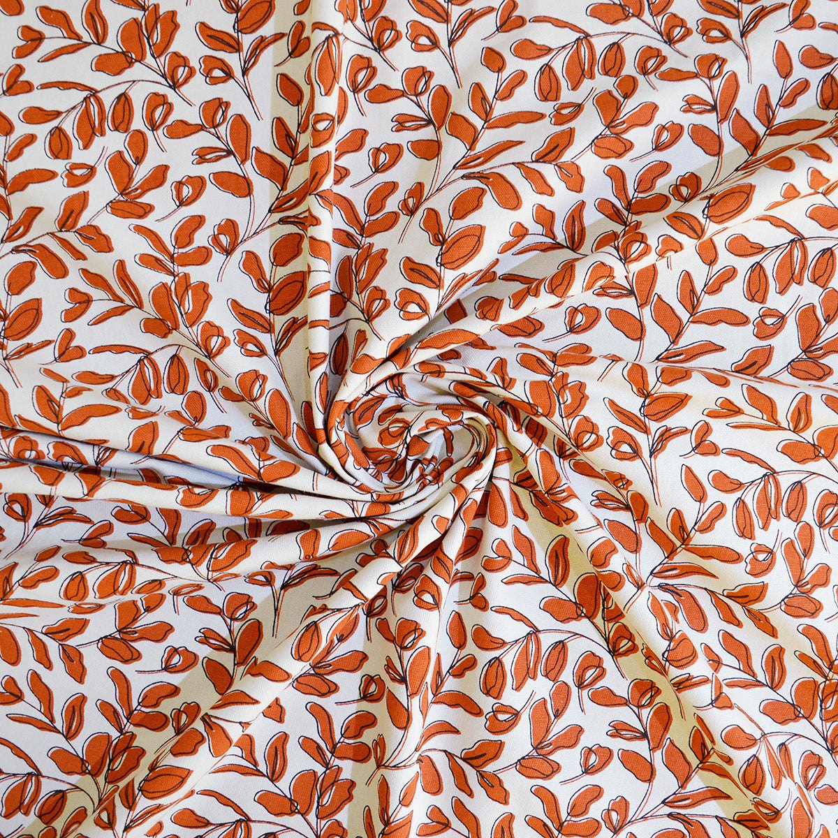 Terracotta Green Leaf print fabric, 100% cotton duck, fabric by the metre