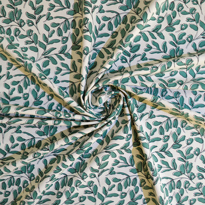 Aqua Green Leaf print fabric, 100% cotton duck, fabric by the metre
