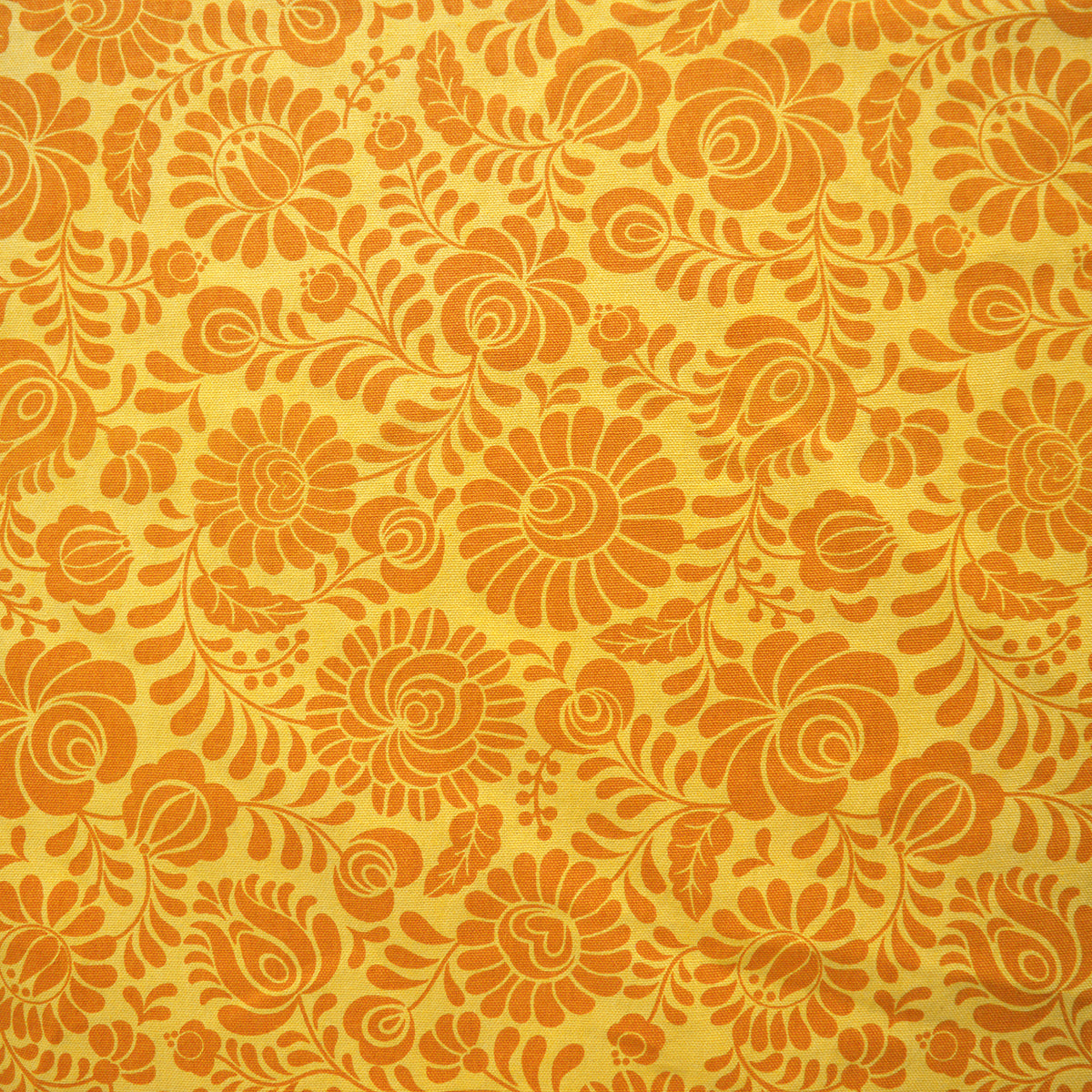 Mustard yellow printed fabric, Matyo Rose pattern, 100% cotton duck, by the metre, bold print