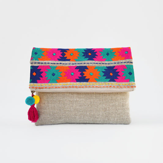 Boho pouch, linen bag, kilim pattern, moroccan, foldover embroidered clutch - Vliving