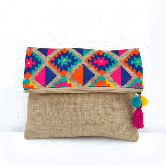 Boho pouch, linen bag, kilim pattern, moroccan, foldover embroidered clutch