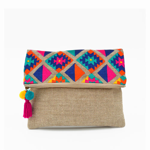 Boho pouch, linen bag, kilim pattern, moroccan, foldover embroidered clutch