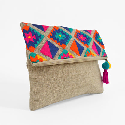 Boho pouch, linen bag, kilim pattern, moroccan, foldover embroidered clutch