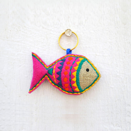 Multicolour Fish Tassel | Boho Bag Charm | Handmade Linen & Felt Key Ring