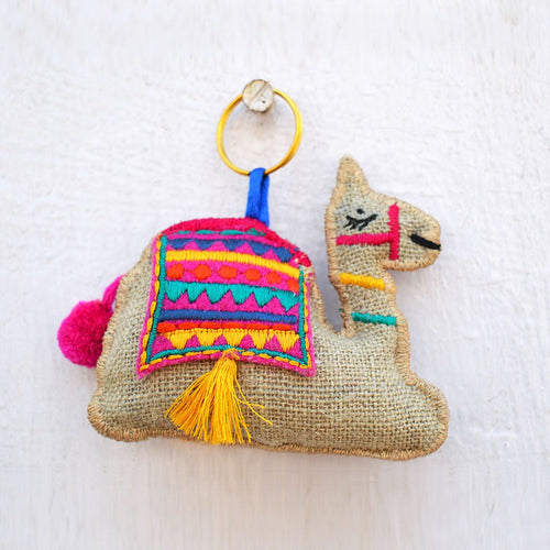 Multicolour Camel Motif Boho Tassel | Bag Charm & Key Ring | Handmade Linen & Felt