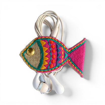 Fish-Shaped Boho Cable & Wire Holder | Handmade Linen & Felt | Desk Organiser