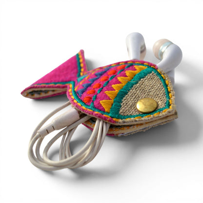 Fish-Shaped Boho Cable & Wire Holder | Handmade Linen & Felt | Desk Organiser