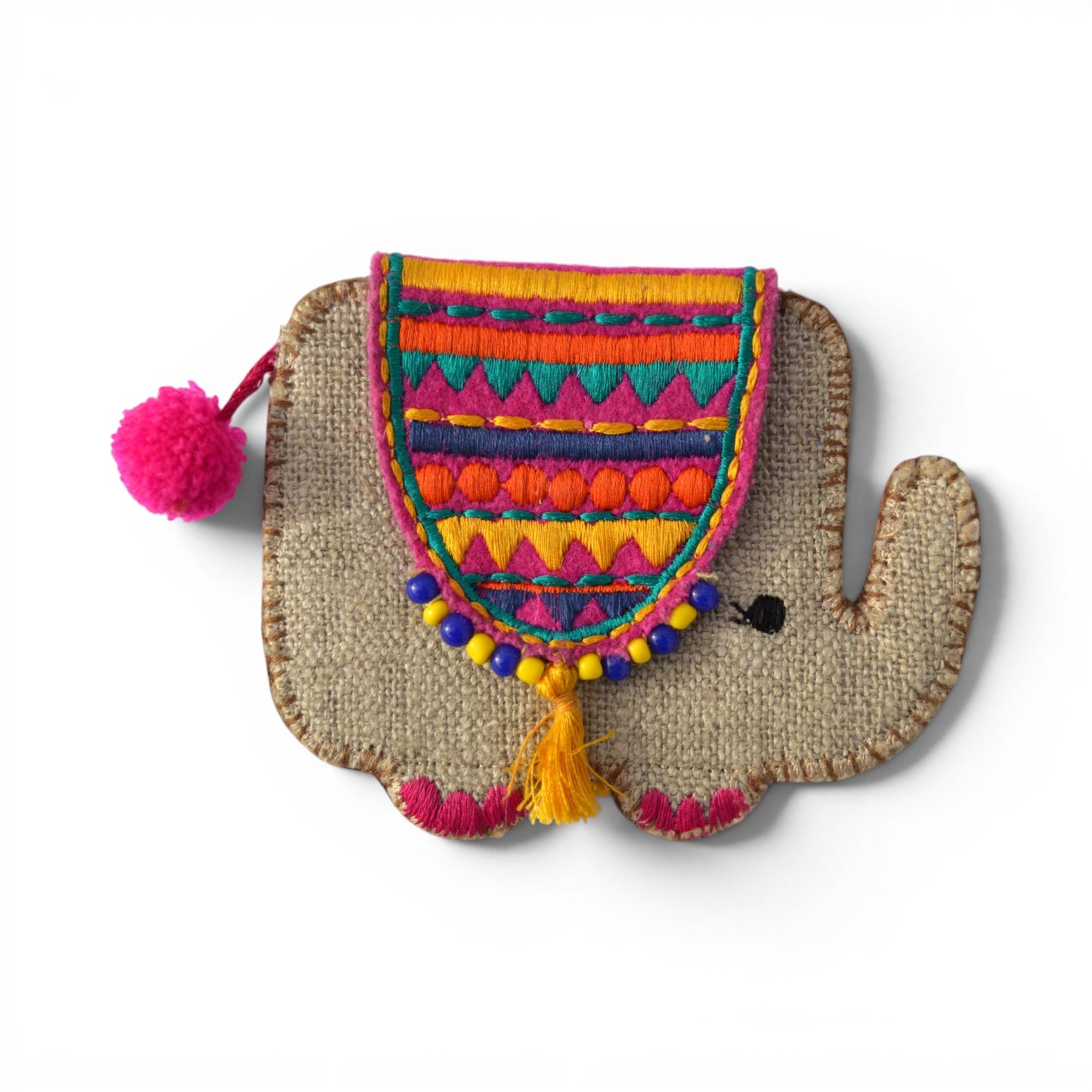 Elephant Motif Boho Coin Purse & Cable Holder | Handmade Linen & Felt | 4"×4.5"