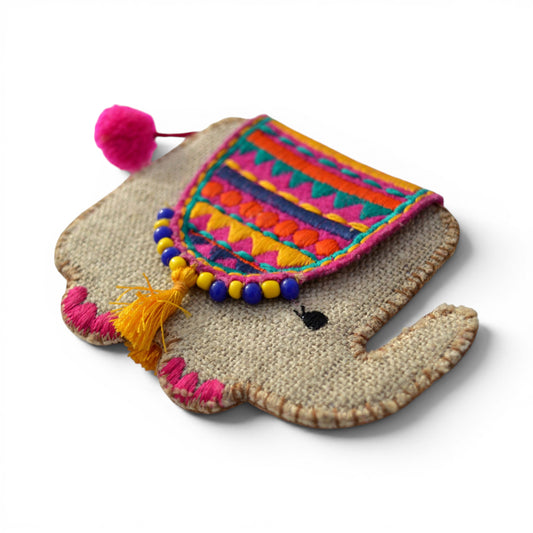 Elephant Motif Boho Coin Purse & Cable Holder | Handmade Linen & Felt | 4"×4.5"