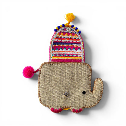 Elephant Motif Boho Coin Purse & Cable Holder | Handmade Linen & Felt | 4"×4.5"
