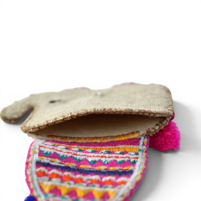 Elephant Motif Boho Coin Purse & Cable Holder | Handmade Linen & Felt | 4"×4.5"