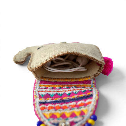 Elephant Motif Boho Coin Purse & Cable Holder | Handmade Linen & Felt | 4"×4.5"