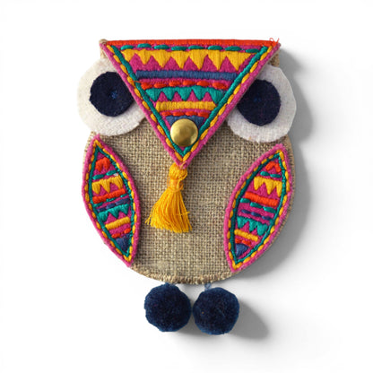 Owl Motif Boho Coin Purse & Cable Holder | Handmade Linen & Felt | 4"×3"