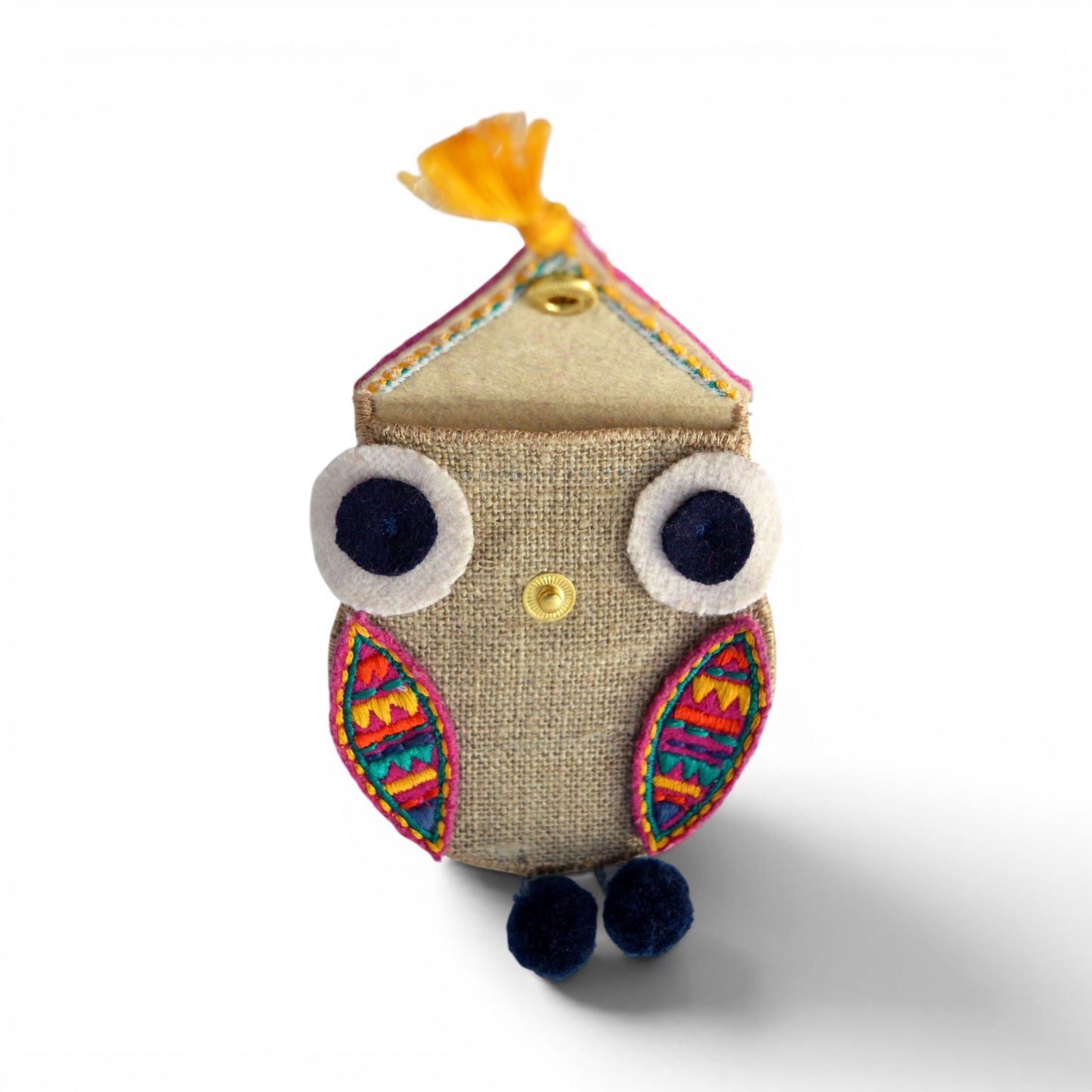Owl Motif Boho Coin Purse & Cable Holder | Handmade Linen & Felt | 4"×3"