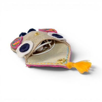 Owl Motif Boho Coin Purse & Cable Holder | Handmade Linen & Felt | 4"×3"