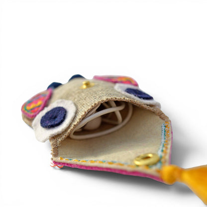 Owl Motif Boho Coin Purse & Cable Holder | Handmade Linen & Felt | 4"×3"