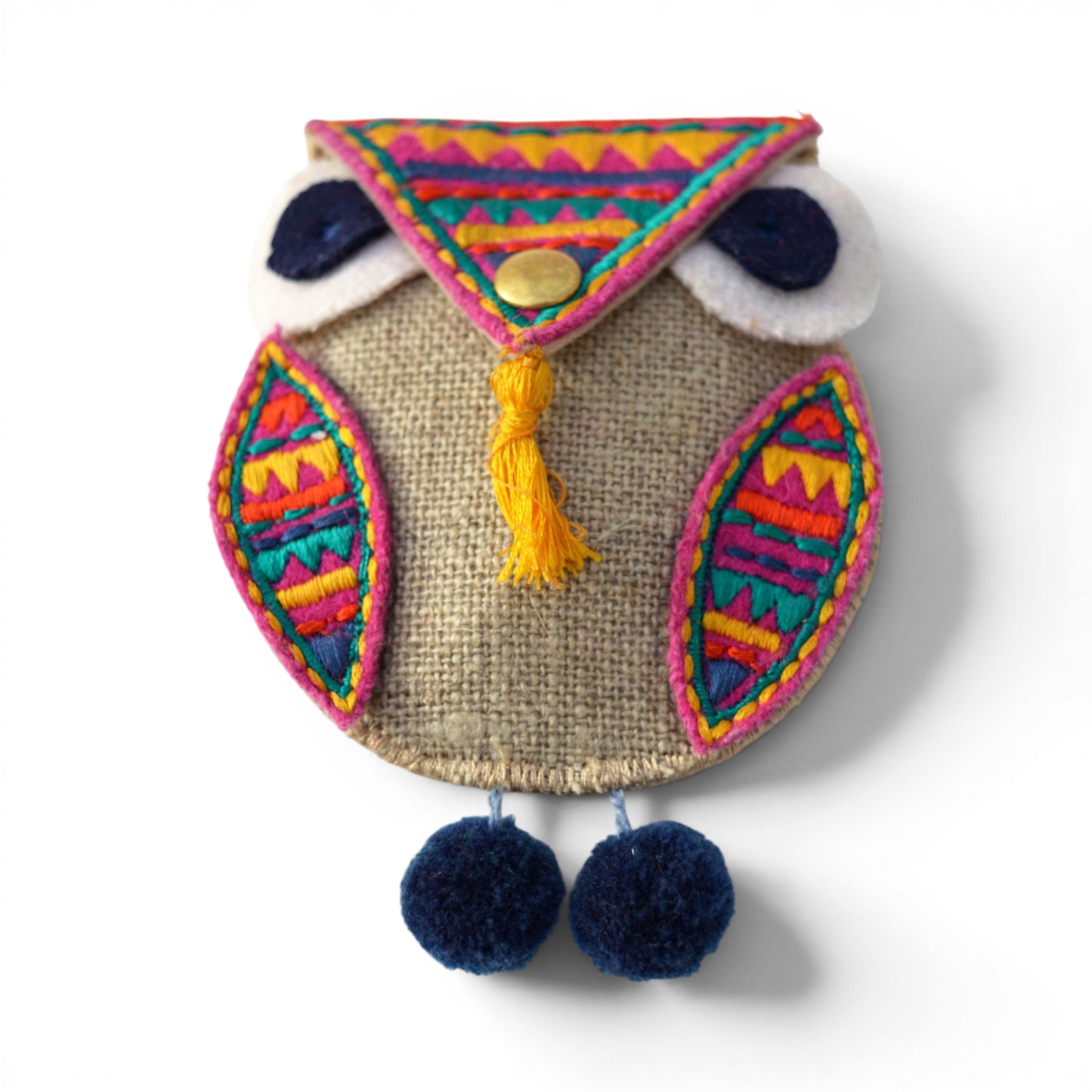 Owl Motif Boho Coin Purse & Cable Holder | Handmade Linen & Felt | 4"×3"