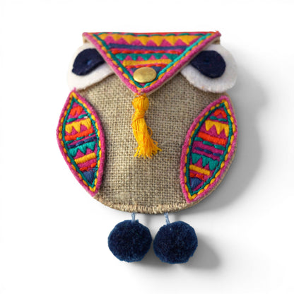 Owl Motif Boho Coin Purse & Cable Holder | Handmade Linen & Felt | 4"×3"