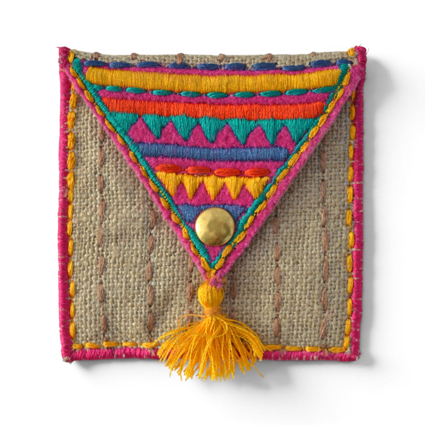 Boho Pocket Square Coin Purse & Cable Holder | Handmade Linen & Felt | 4"×3"