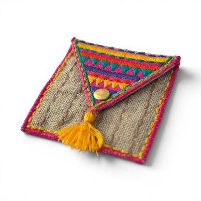 Boho Pocket Square Coin Purse & Cable Holder | Handmade Linen & Felt | 4"×3"
