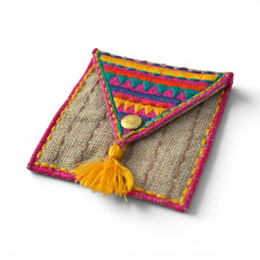 Boho Pocket Square Coin Purse & Cable Holder | Handmade Linen & Felt | 4"×3"
