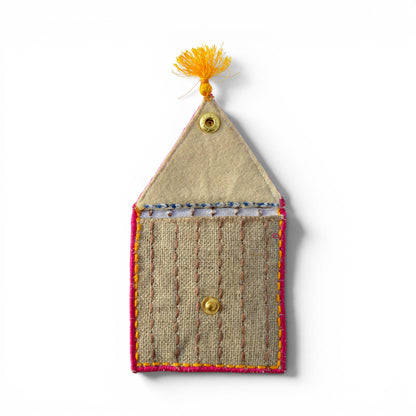 Boho Pocket Square Coin Purse & Cable Holder | Handmade Linen & Felt | 4"×3"