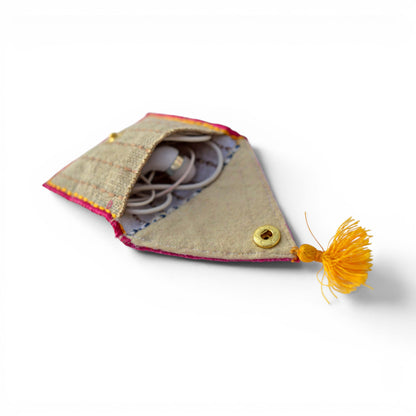 Boho Pocket Square Coin Purse & Cable Holder | Handmade Linen & Felt | 4"×3"