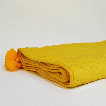 Yellow quilted Throw blanket, chevron pattern, zig zag quilting, hand quilted, 100% cotton, 50X60 inches